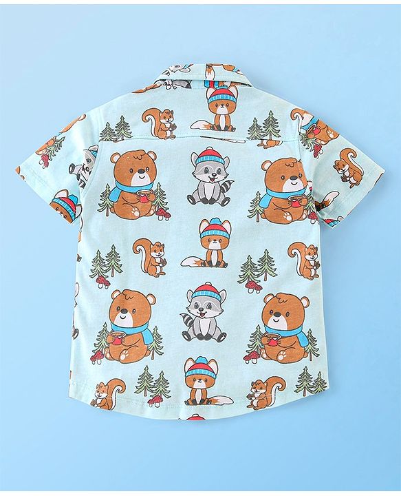 Babyhug 100% Cotton Knit Half Sleeves Regular Shirt with Teddy Print - Blue