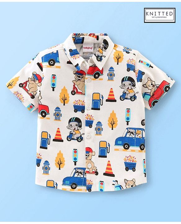 Babyhug 100% Cotton Knit Half Sleeves Vehicle Print Shirt - OffWhite