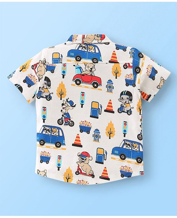 Babyhug 100% Cotton Knit Half Sleeves Vehicle Print Shirt - OffWhite