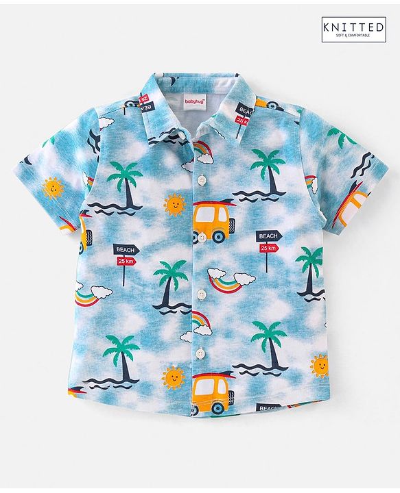 Babyhug 100% Cotton Knit Half Sleeves Regular Shirt with Scenery Print - Blue