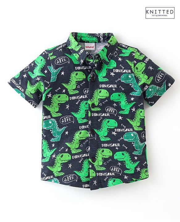 Babyhug 100% Cotton Knit Half Sleeves Shirt Dino Print - Navy Blue