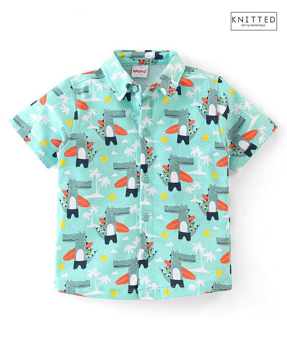 Babyhug 100% Cotton Knit Half Sleeves Regular Shirt Croc with Surf Board Print - Blue