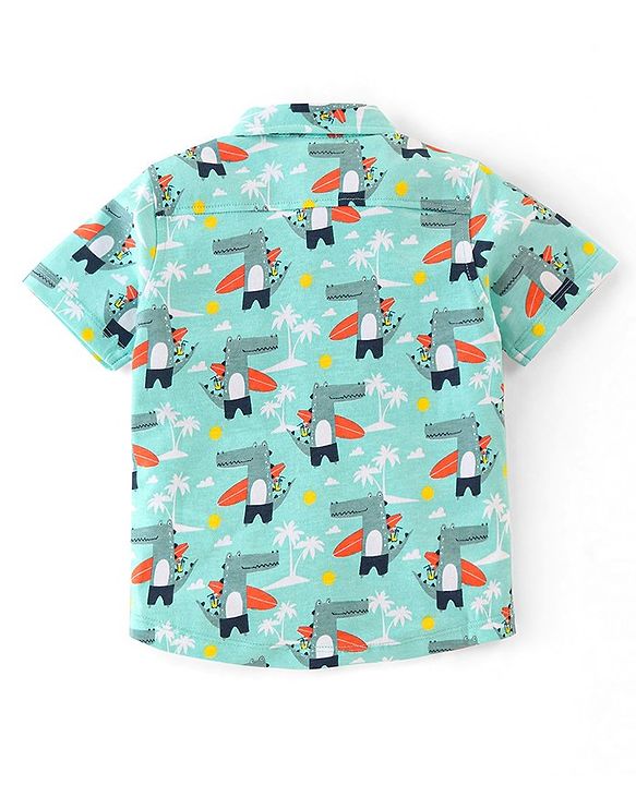 Babyhug 100% Cotton Knit Half Sleeves Regular Shirt Croc with Surf Board Print - Blue