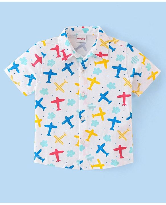Babyhug 100% Cotton Knit Half Sleeves Shirt With Aeroplane Print - White