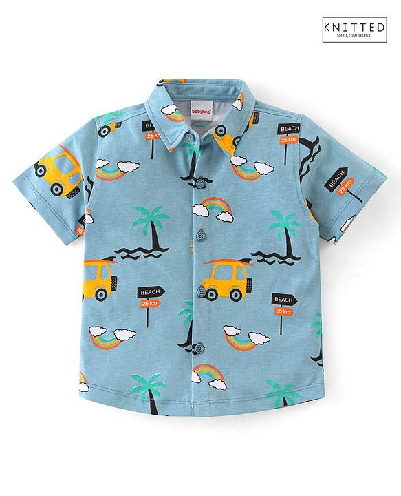 Babyhug 100% Cotton Knit Half Sleeves Regular Shirt with Car Print - Blue