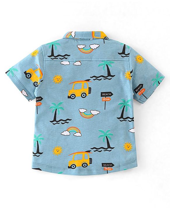 Babyhug 100% Cotton Knit Half Sleeves Regular Shirt with Car Print - Blue