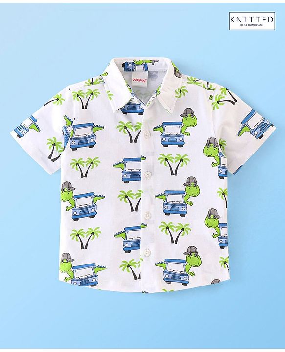 Babyhug 100% Cotton Knit Half Sleeves Regular Shirt with Car Print - White