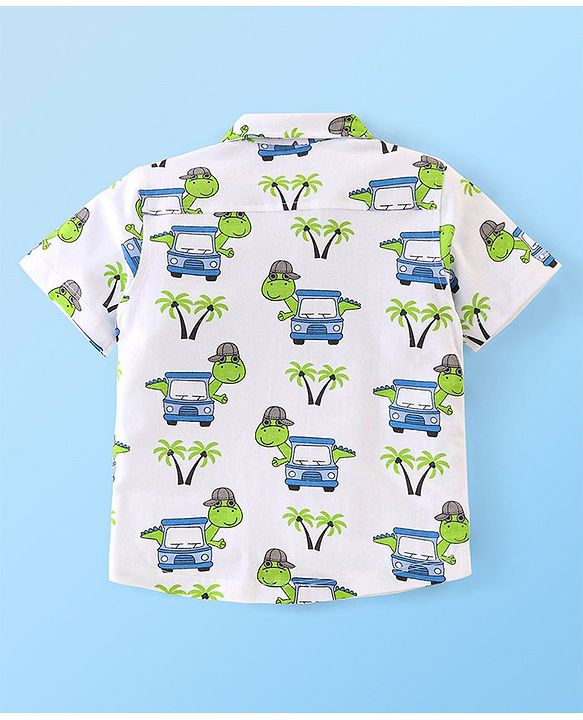 Babyhug 100% Cotton Knit Half Sleeves Regular Shirt with Car Print - White