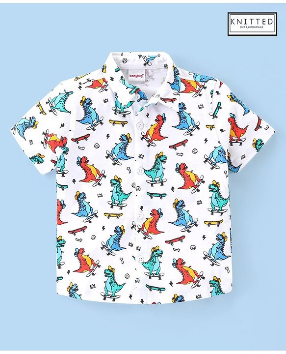 Babyhug 100% Knitted Collar Half Sleeves Shirt Dino Print- White