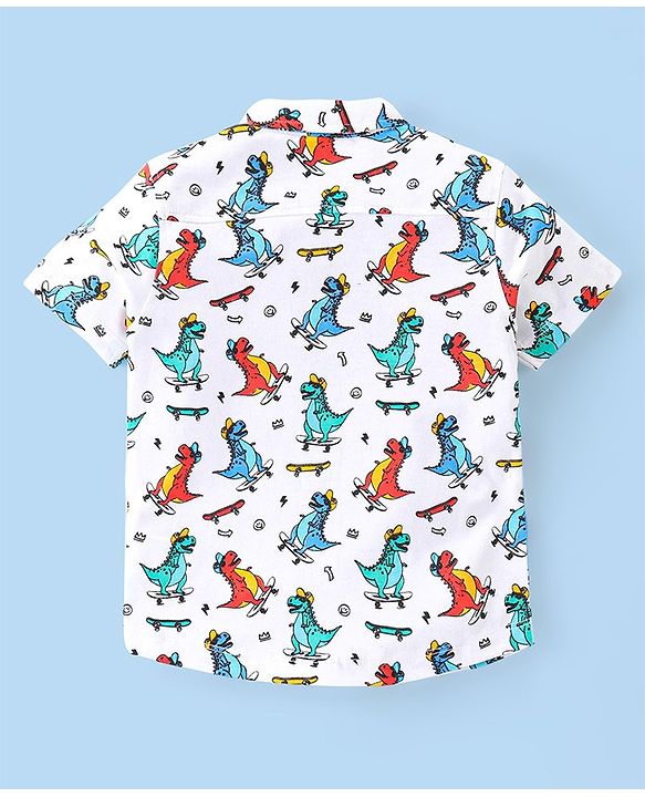 Babyhug 100% Knitted Collar Half Sleeves Shirt Dino Print- White