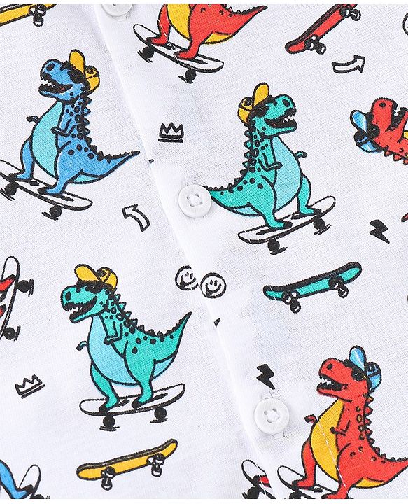 Babyhug 100% Knitted Collar Half Sleeves Shirt Dino Print- White