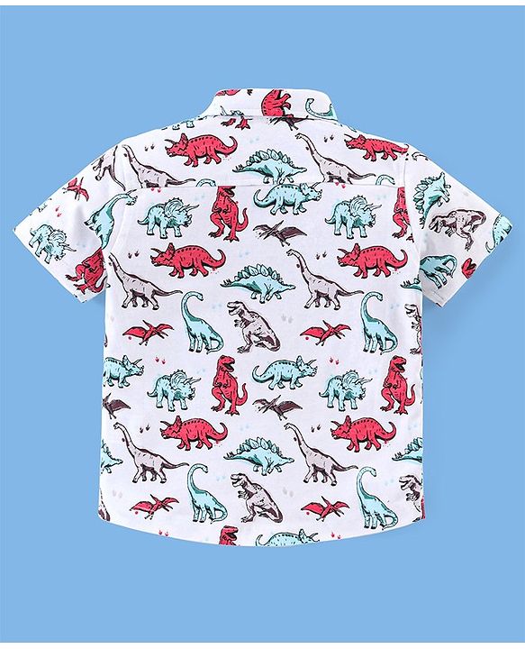 Babyhug Cotton Knitted Half Sleeves Dino Print Shirt- White