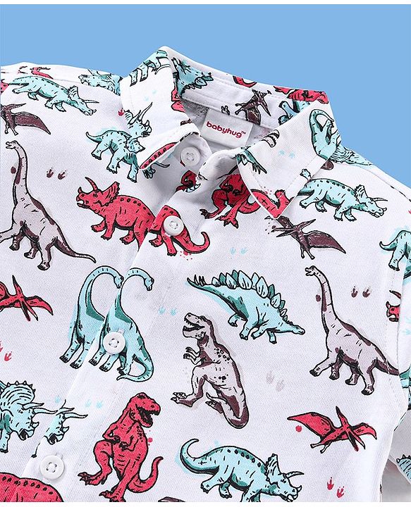 Babyhug Cotton Knitted Half Sleeves Dino Print Shirt- White