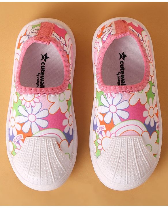 Cute Walk by Babyhug Slip On Casual Shoes with Floral Design - Pink & White
