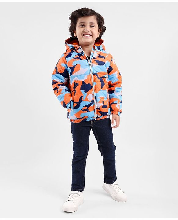Babyhug Full Sleeves Hoodie With Camouflage Print - Orange & Blue