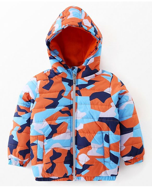 Babyhug Full Sleeves Hoodie With Camouflage Print - Orange & Blue