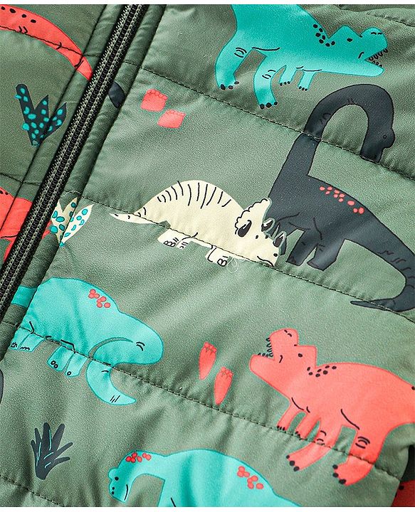 Babyhug Full Sleeves Hooded & Padded Jacket Dino Print- Olive