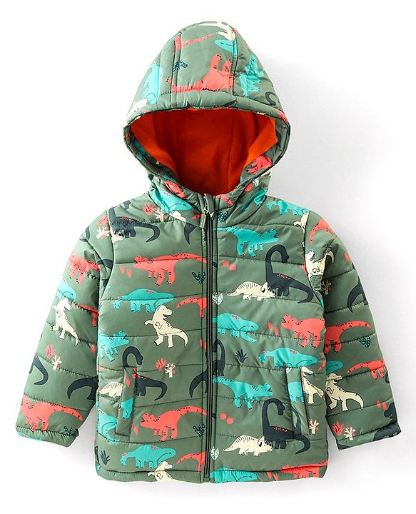 Babyhug Full Sleeves Hooded & Padded Jacket Dino Print- Olive