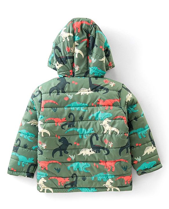 Babyhug Full Sleeves Hooded & Padded Jacket Dino Print- Olive