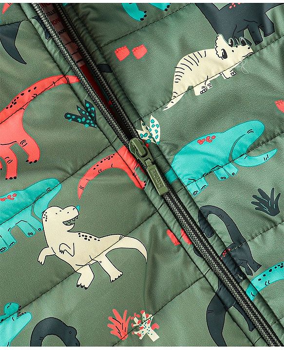 Babyhug Full Sleeves Hooded & Padded Jacket Dino Print- Olive