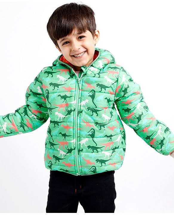 Babyhug Woven Full Sleeves Jacket With Hood & Dino Print - Green