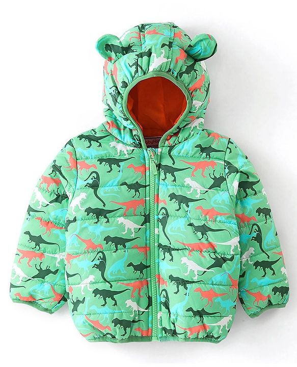 Babyhug Woven Full Sleeves Jacket With Hood & Dino Print - Green