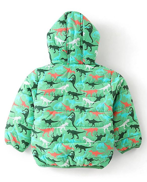 Babyhug Woven Full Sleeves Jacket With Hood & Dino Print - Green