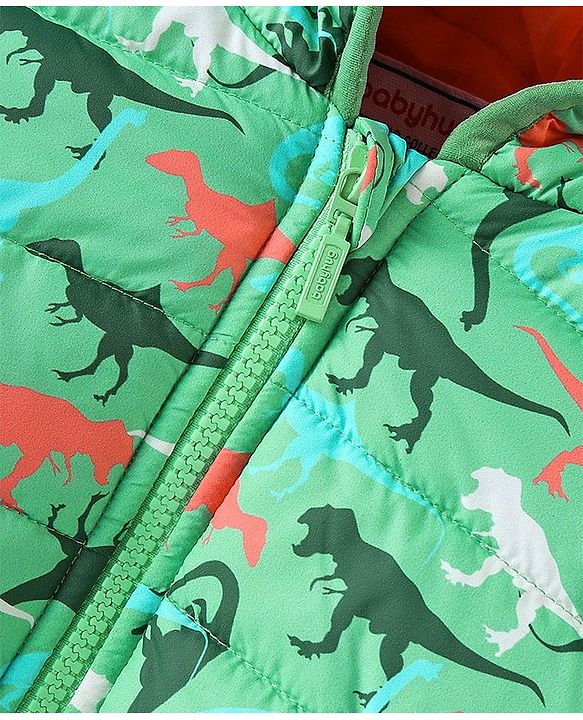 Babyhug Woven Full Sleeves Jacket With Hood & Dino Print - Green