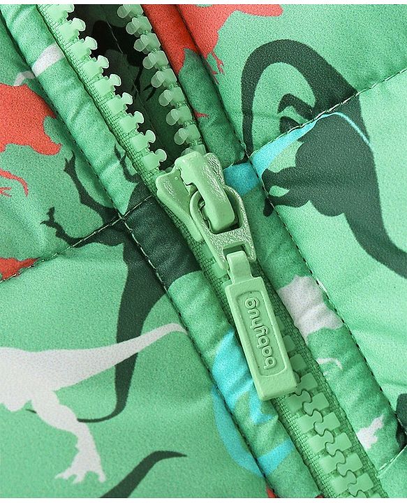 Babyhug Woven Full Sleeves Jacket With Hood & Dino Print - Green