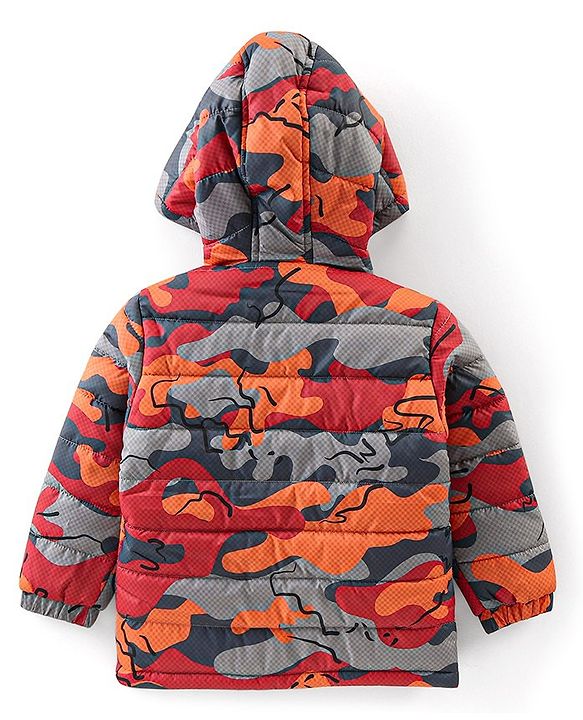 Babyhug Full Sleeves Hooded & Padded Jacket Camo Print- Orange Red & Grey