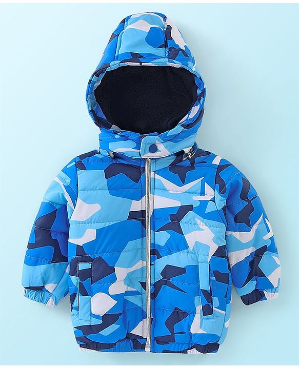 Babyhug Woven Full Sleeves Hooded Jacket Camo Print - Blue