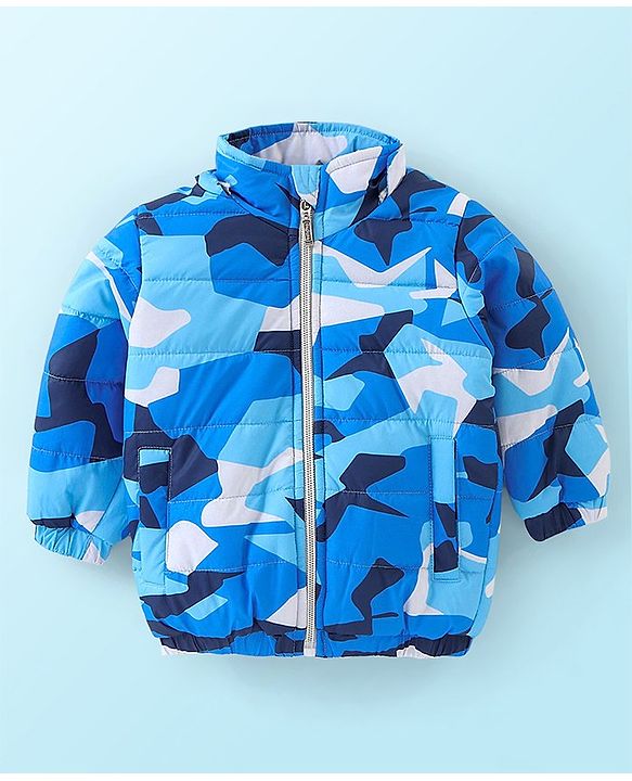 Babyhug Woven Full Sleeves Hooded Jacket Camo Print - Blue
