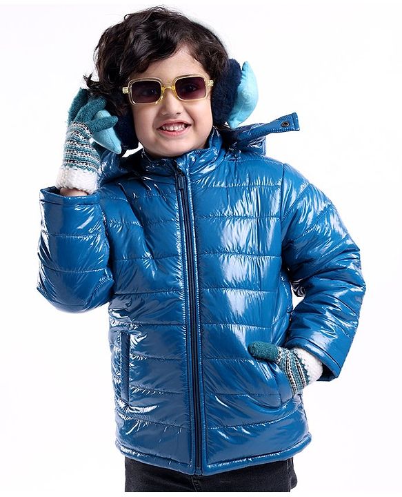 Babyhug Full Sleeves Solid Colour Padded Jacket with Detachable Hood - Blue