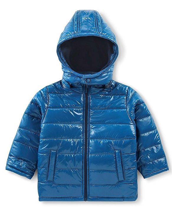 Babyhug Full Sleeves Solid Colour Padded Jacket with Detachable Hood - Blue