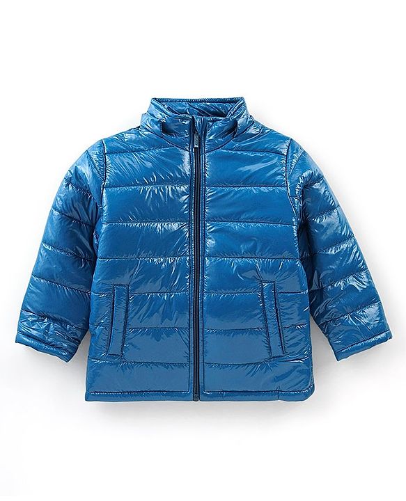 Babyhug Full Sleeves Solid Colour Padded Jacket with Detachable Hood - Blue