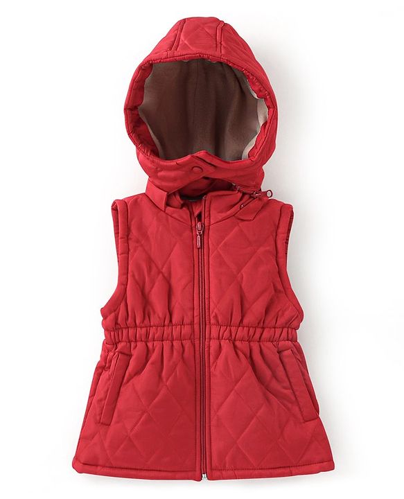 Babyhug Woven Sleeveless Solid Jacket with Hood - Red
