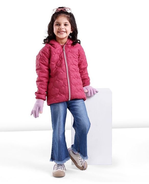 Babyhug Woven Full Sleeves Hooded Jacket with Heart Design - Pink