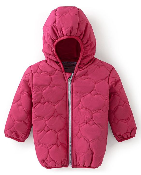 Babyhug Woven Full Sleeves Hooded Jacket with Heart Design - Pink