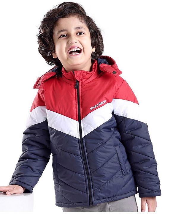 Babyhug Full Sleeves Hooded Quilted Jacket - Red & Navy