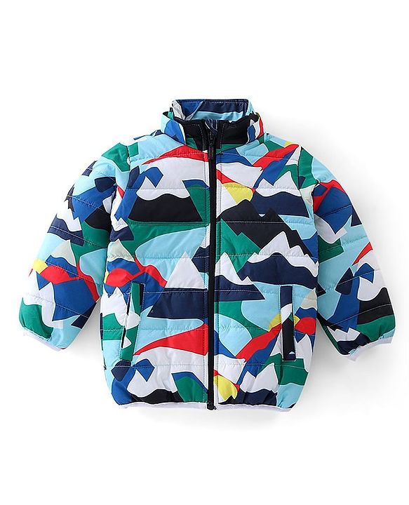 Babyhug Full Sleeves Quilted Jacket with Abstract Print - Blue & White