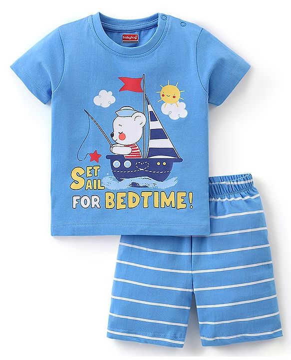 Babyhug Cotton Half Sleeves Night Suit Stripes & Bear Print- Blue