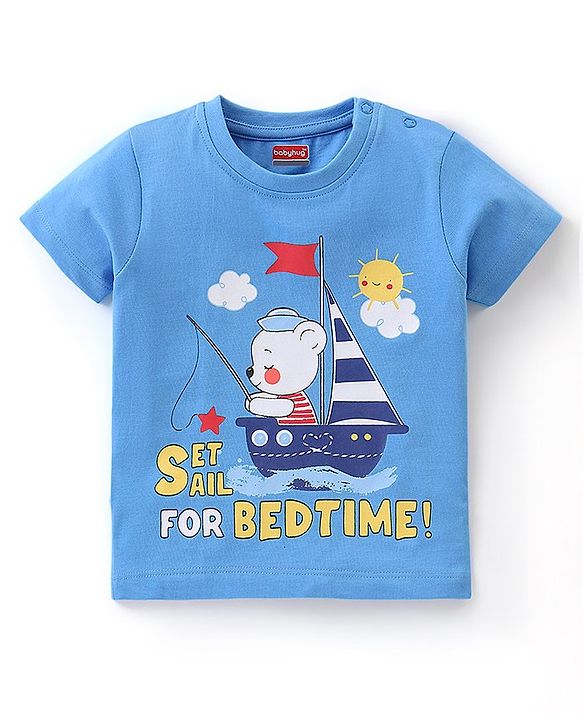 Babyhug Cotton Half Sleeves Night Suit Stripes & Bear Print- Blue