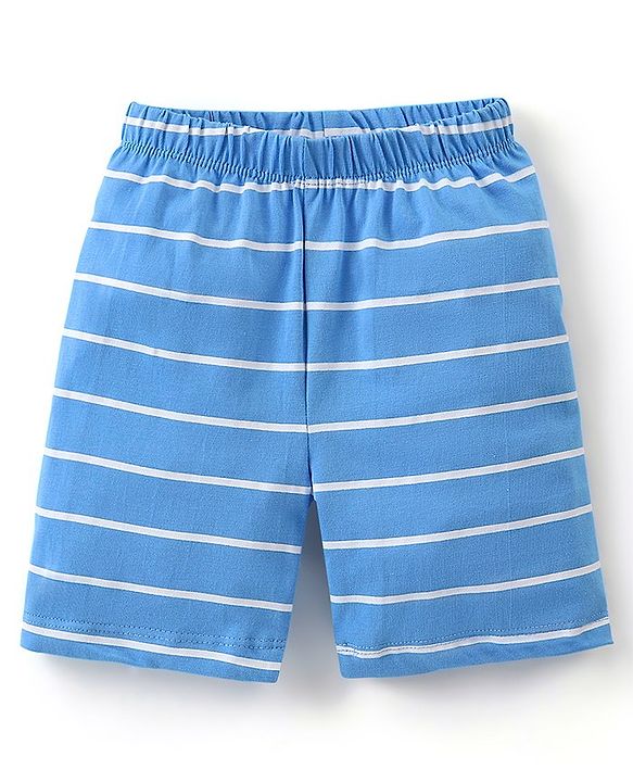Babyhug Cotton Half Sleeves Night Suit Stripes & Bear Print- Blue