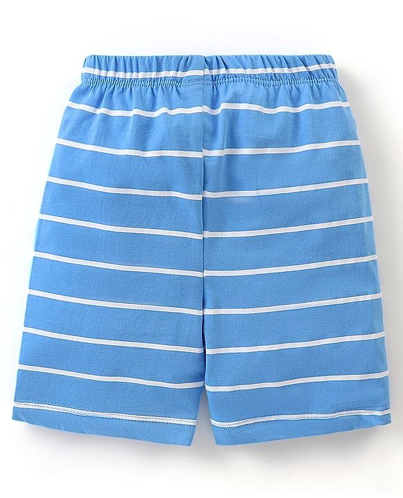 Babyhug Cotton Half Sleeves Night Suit Stripes & Bear Print- Blue