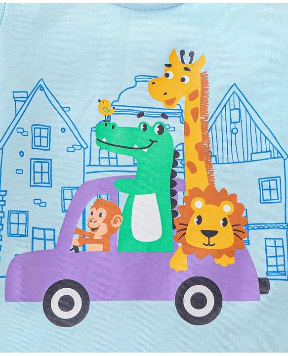 Babyhug Cotton Knit Full Sleeves Animal Print Night Suit - Blue