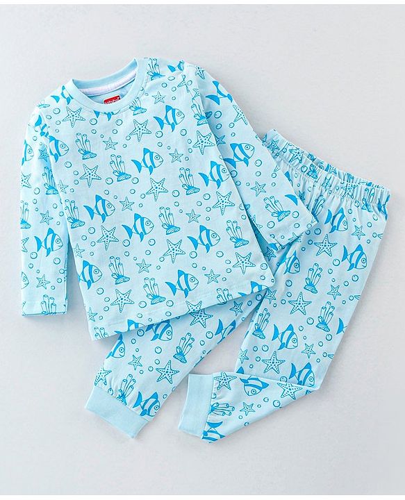 Babyhug Cotton Knit Full Sleeves Night Suit With Sea Life Print - Blue