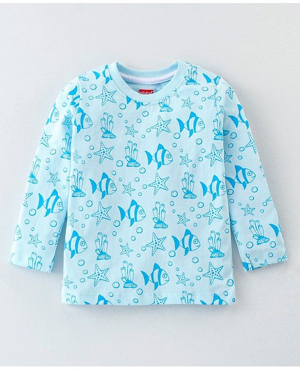 Babyhug Cotton Knit Full Sleeves Night Suit With Sea Life Print - Blue
