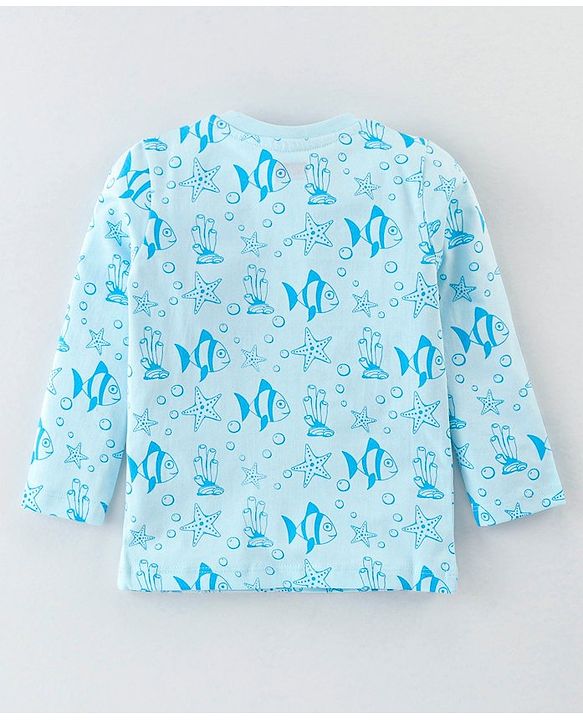 Babyhug Cotton Knit Full Sleeves Night Suit With Sea Life Print - Blue