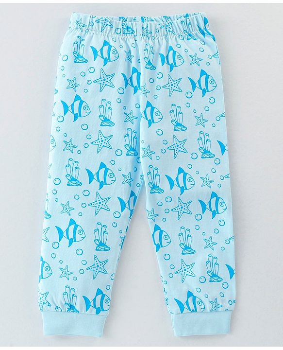 Babyhug Cotton Knit Full Sleeves Night Suit With Sea Life Print - Blue