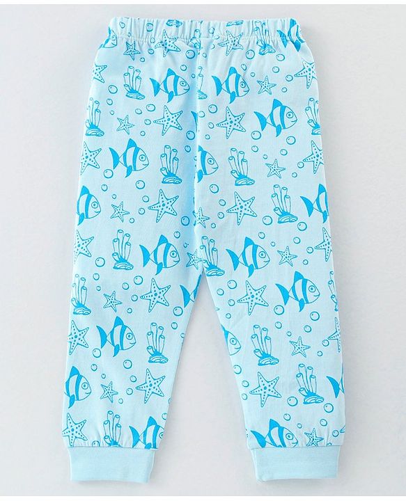 Babyhug Cotton Knit Full Sleeves Night Suit With Sea Life Print - Blue